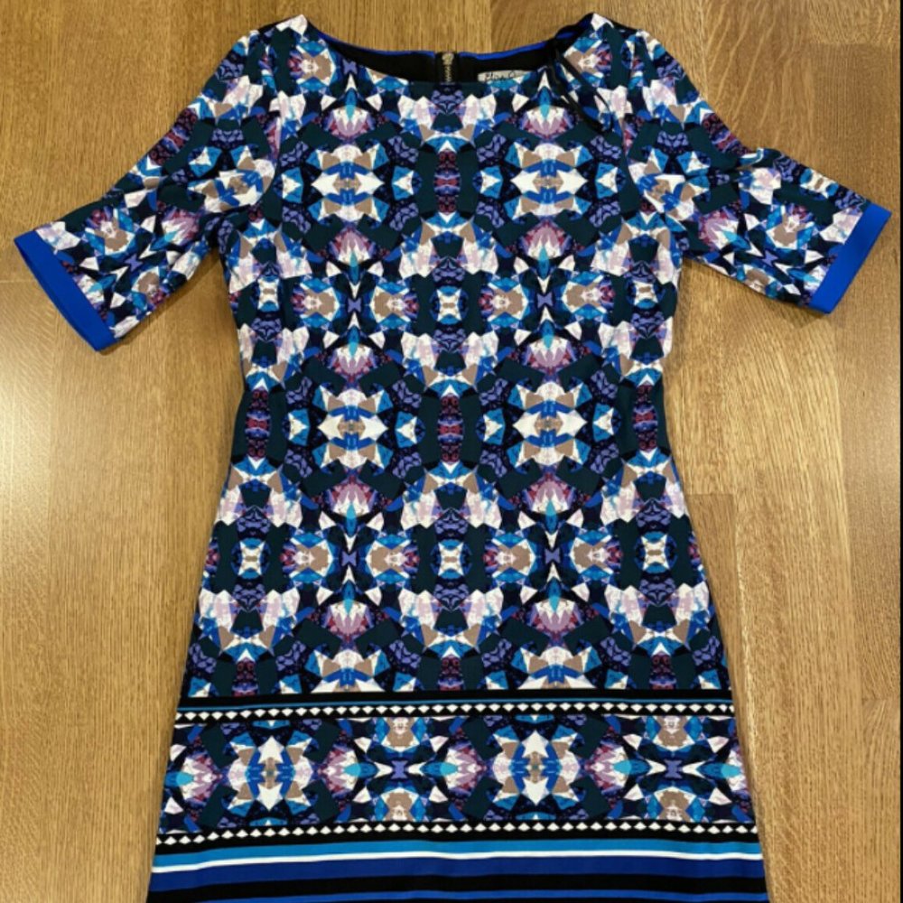 Eliza J Women's Size 8 Blue Black Geometric Print Half Sleeve Sheath Dress